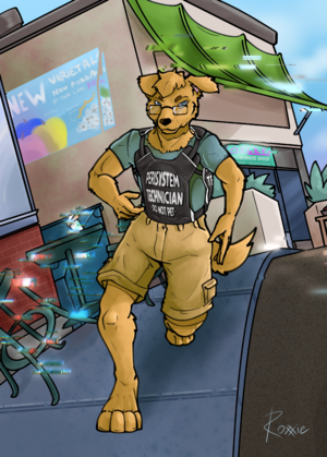 Art of Tomash, a golden-brown anthro dog, wearing a "perisystem technician, do not pet" vest, running towards an emergency